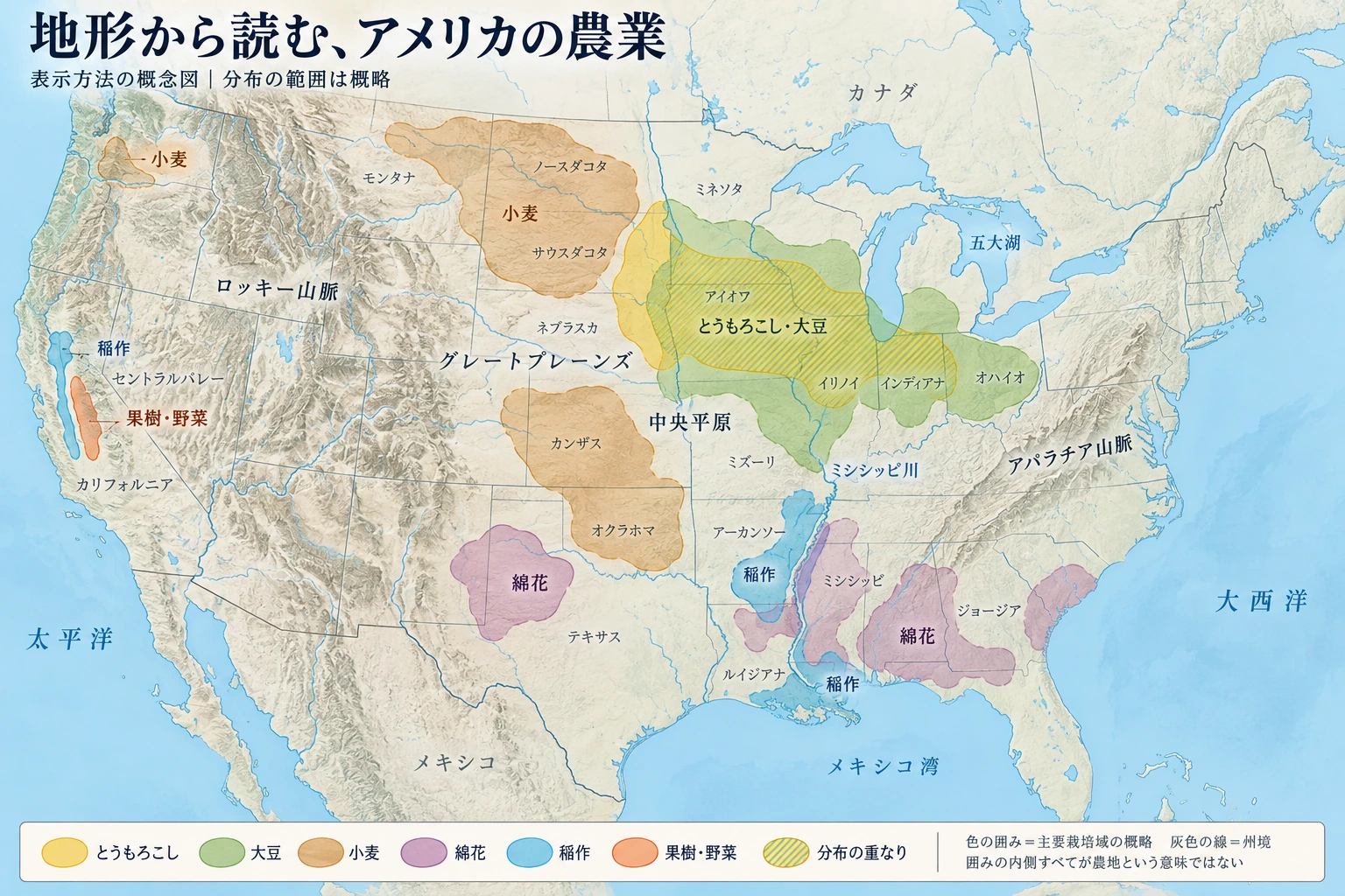 旧版の表示参考図。地形陰影と淡い栽培域の配色を引き継いでいます。